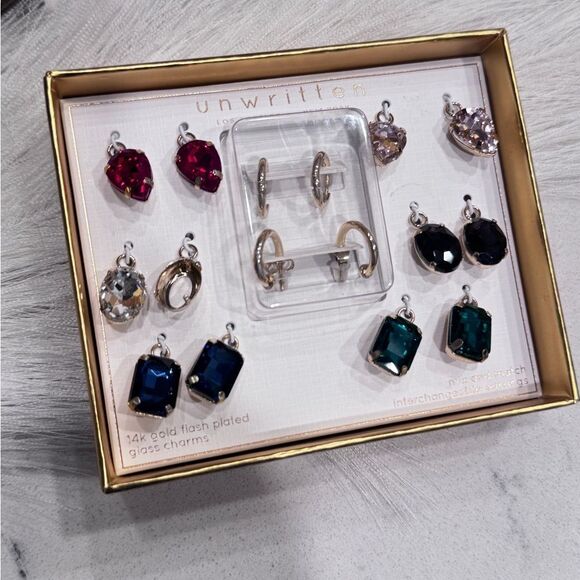 Unwritten Multi-Color Mix Hoop Earring Set Gold Red, Pink, Green, Black Stones - Picture 5 of 7